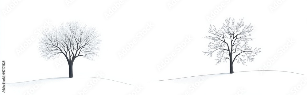 Obraz premium Two Simple Line Drawings of Trees Isolated White Background, for Minimalist and Nature-Inspired Designs