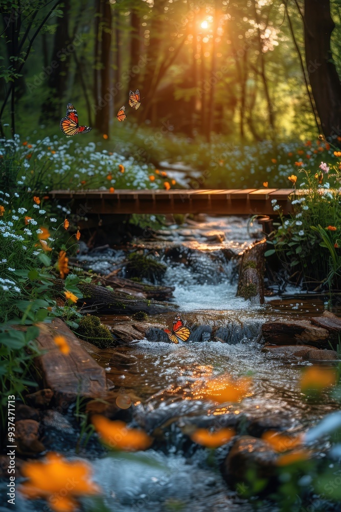 Fototapeta premium Butterflies and a Stream in a Sun-Dappled Forest