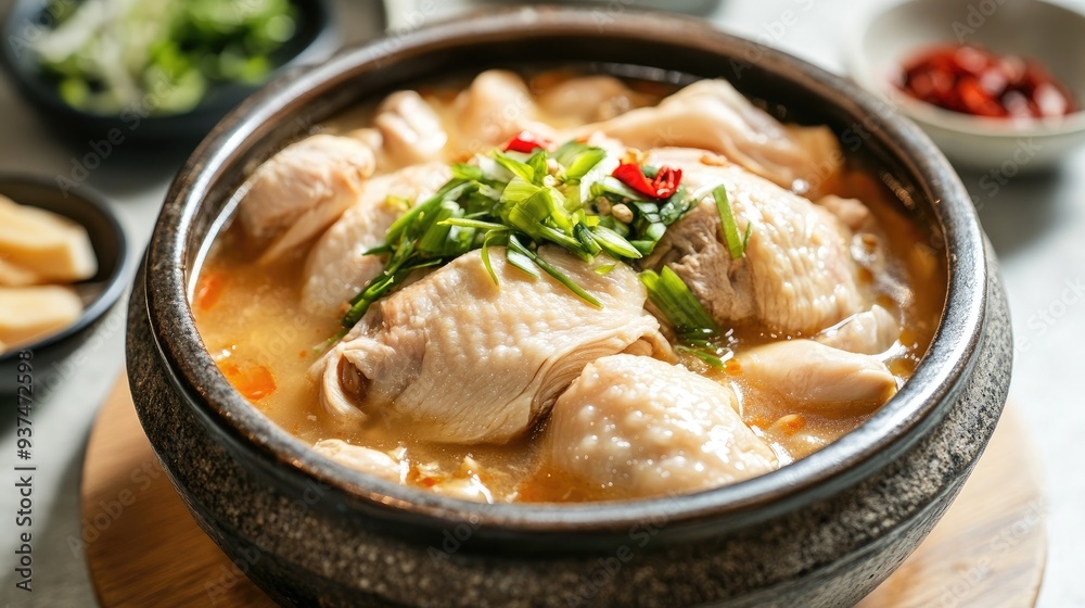 Korean samgyetang (ginseng chicken soup) served in a traditional bowl, with ample space on the side for text. Korean samgyetang (ginseng chicken soup) served in a traditional bowl, with ample space on the side for text.
