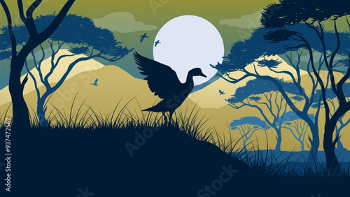 A Swan Stretching Its Wings in the Forest at Sunrise - Beautiful 2d Landscapes Silhouette