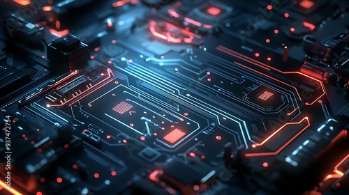 Futuristic circuit board with red and blue neon lights, representing the convergence of advanced technology and vibrant design in a modern context.