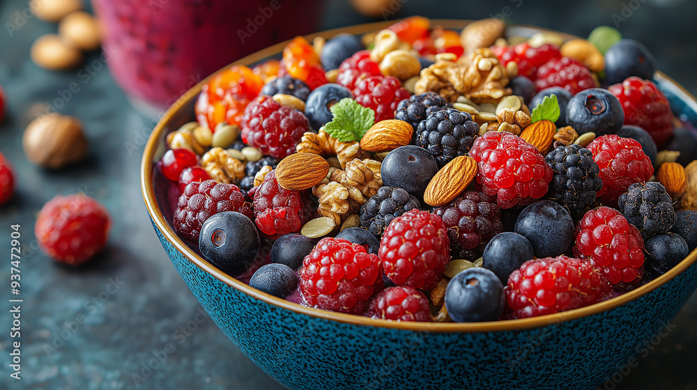 A colorful bowl of mixed berries, nuts, and seeds on a kitchen counter, with a healthy smoothie in the background, symbolizing cognitive health, with copy space A colorful bowl of mixed berries, nuts, and seeds on a kitchen counter, with a healthy smoothie in the background, symbolizing cognitive health, with copy space