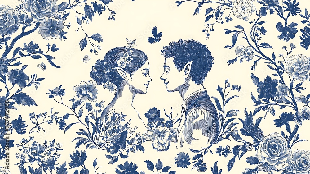 Fototapeta premium Blue floral couple portrait with pointed ears, capturing the mystical and fantasy elements of a serene and otherworldly scene.