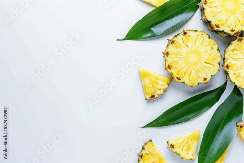 Top view of sliced pineapple with green leaves on white background.