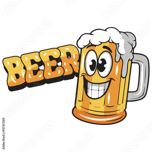 Beer Mug Smiling Cartoon Face with ‘Beer’ Text - Vector Design