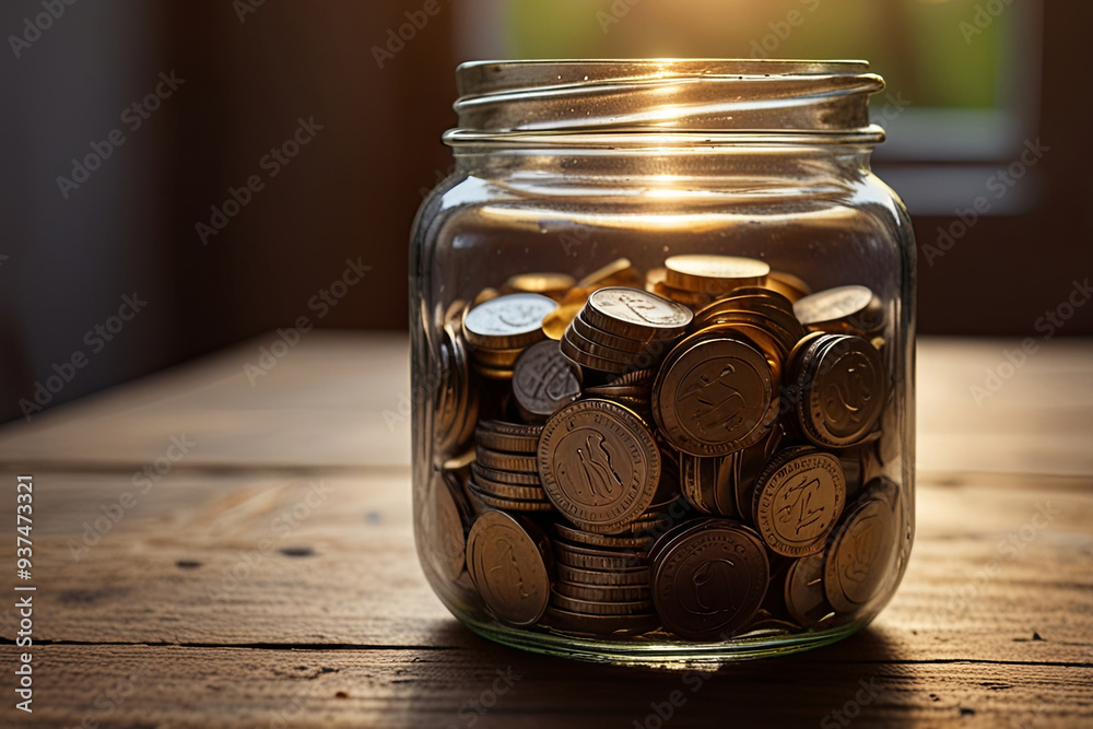 Glass Jar Filled with Coins on Wooden Table in Soft Evening Light Symbolizing Cozy Financial Planning, Smart Savings, and Investment Strategies Glass Jar Filled with Coins on Wooden Table in Soft Evening Light Symbolizing Cozy Financial Planning, Smart Savings, and Investment Strategies