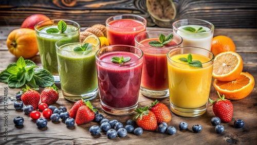 Selection of Colorful Smoothies and Ingredients, Bright and Vibrant Colors, Healthy Nutrition Display