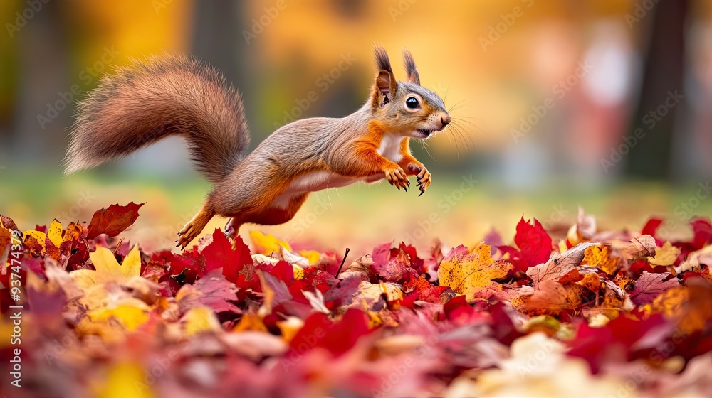 Playful squirrel leaping from a pile of red and yellow autumn leaves in park Playful squirrel leaping from a pile of red and yellow autumn leaves in park