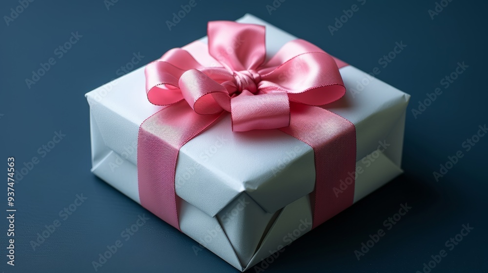 Obraz premium A small, elegantly wrapped gift box featuring a pink satin ribbon resting on a dark blue surface, perfect for special occasions like birthdays or celebrations