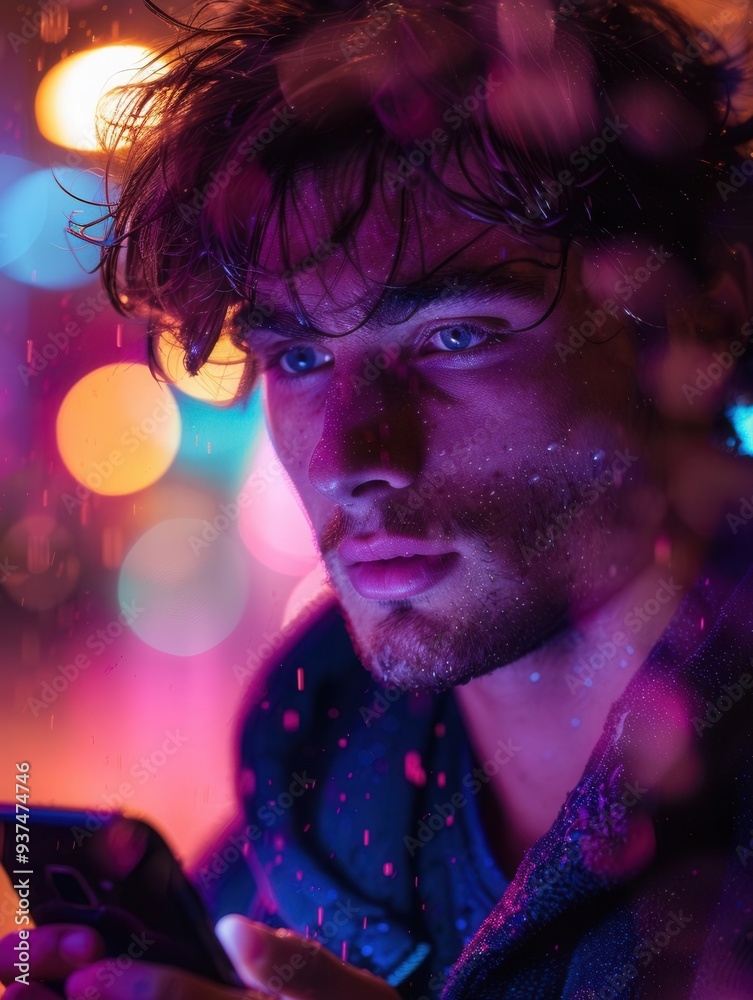Man holding phone, purple background, soft lighting, closeup, modern art style, focused expression, bokeh effect Man holding phone, purple background, soft lighting, closeup, modern art style, focused expression, bokeh effect