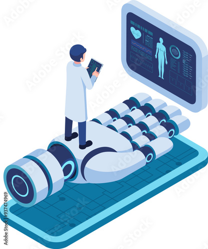 Isometric Doctor on AI Robotic hand Displaying Health Data