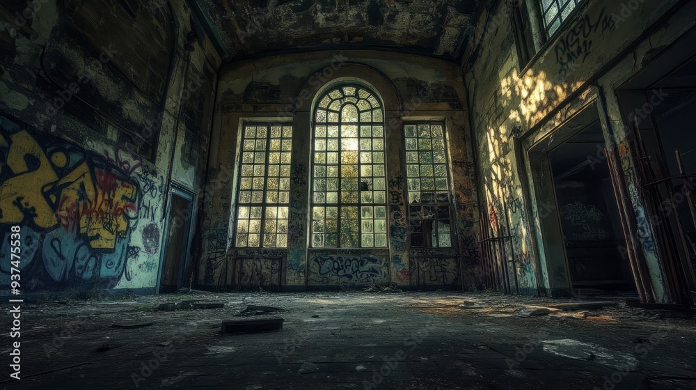 A glimpse into a forgotten space, sunlight streams through the windows of an abandoned building A glimpse into a forgotten space, sunlight streams through the windows of an abandoned building