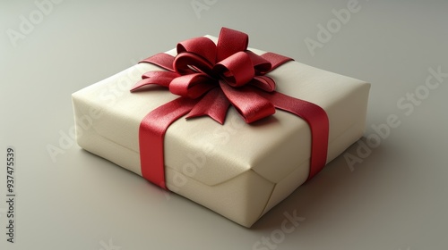 A beautifully wrapped gift box with a red ribbon and bow sits on a neutral surface, ready to be presented during a special occasion