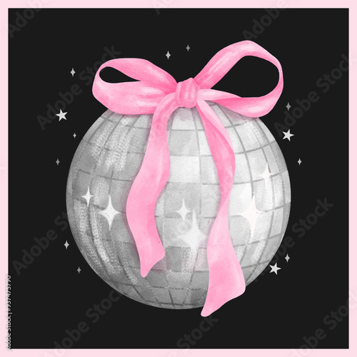 Trendy Retro Silver Disco ball coquette pink ribbon bow Retro Watercolor