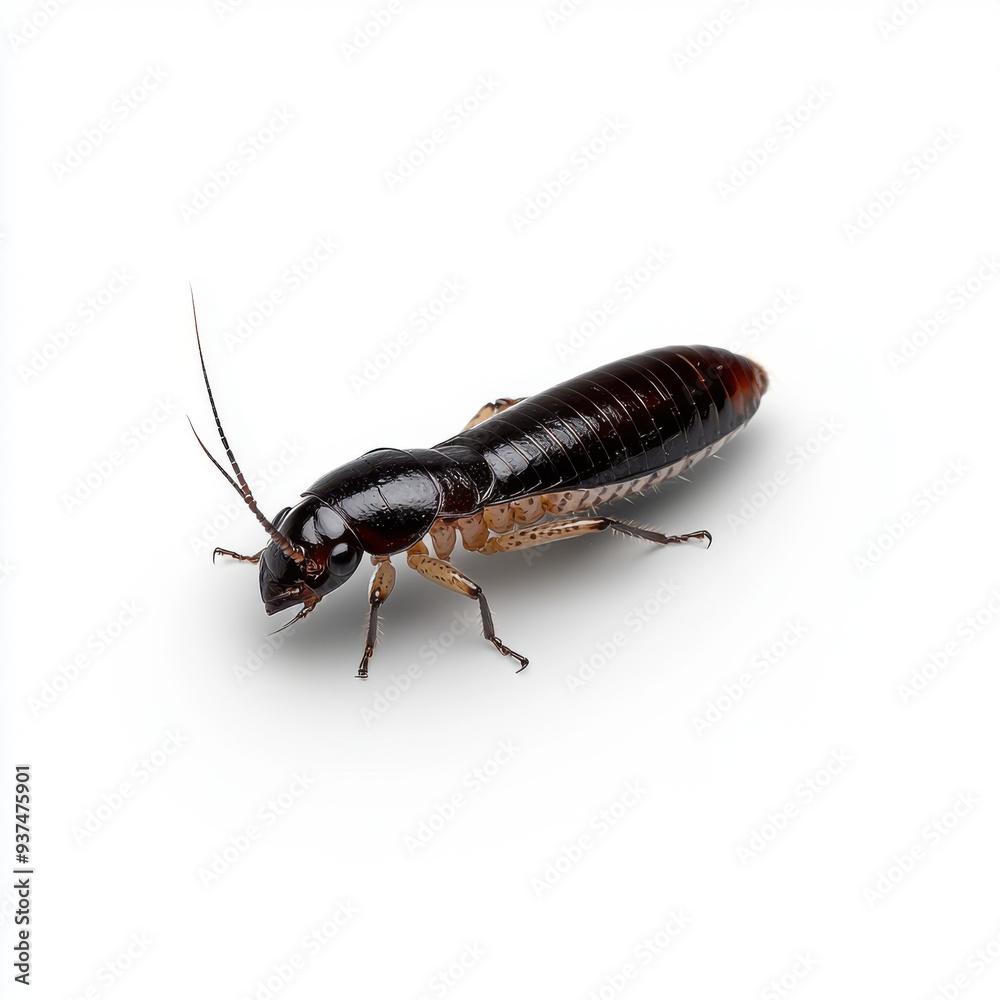 Close-up of a black termite isolated on a white background, showcasing its detailed body structure and segmented antennae. Close-up of a black termite isolated on a white background, showcasing its detailed body structure and segmented antennae.