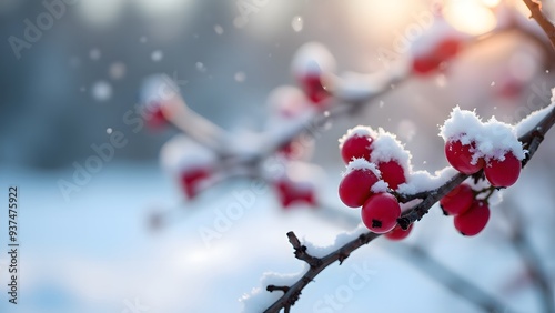 Snow-covered red berries on a frosty branch, illuminated by sunlight, with snowflakes gently falling photo