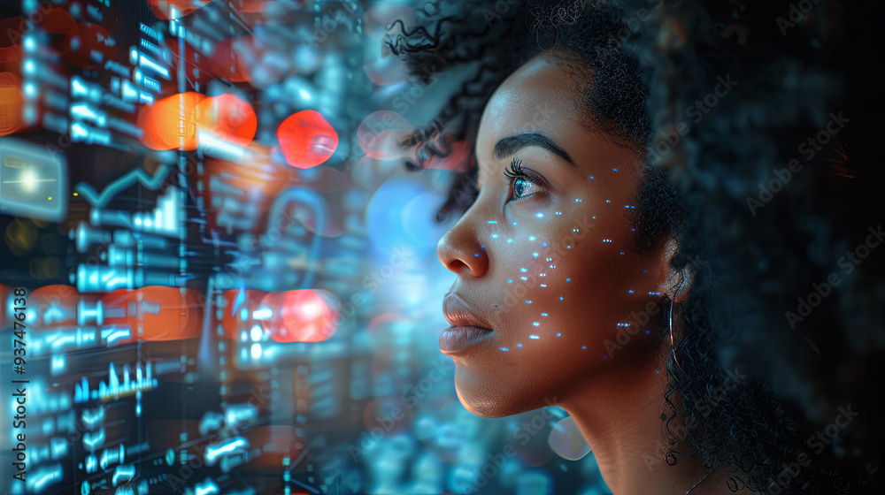 female IT specialist analyzing data. Set against a digital backdrop of AI cybersecurity threats in an augmented reality collage, the image captures the intensity of modern digital defense female IT specialist analyzing data. Set against a digital backdrop of AI cybersecurity threats in an augmented reality collage, the image captures the intensity of modern digital defense