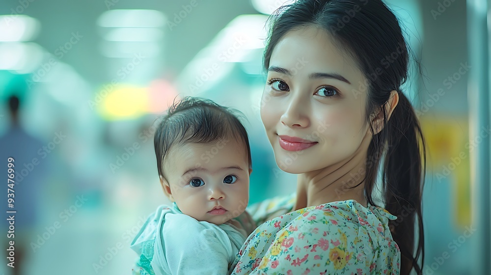 Happy Asian mother holding baby in bokeh background, blending the warmth and love of family life with the soft and inviting atmosphere of a home setting. Happy Asian mother holding baby in bokeh background, blending the warmth and love of family life with the soft and inviting atmosphere of a home setting.