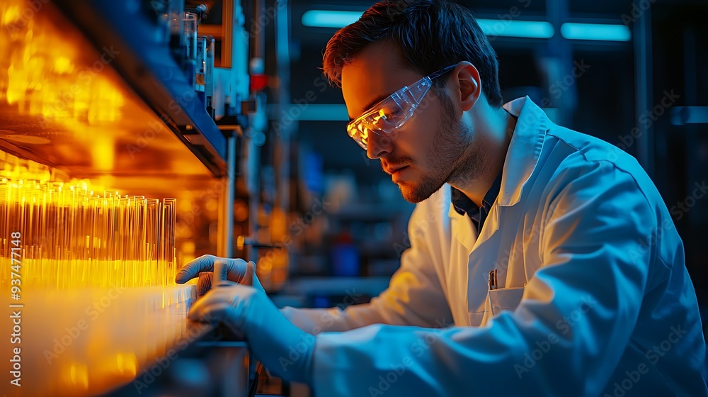 Scientist working in a laboratory with test tubes, capturing the precision, focus, and dedication required in scientific research in a visually detailed and professional setting. Scientist working in a laboratory with test tubes, capturing the precision, focus, and dedication required in scientific research in a visually detailed and professional setting.