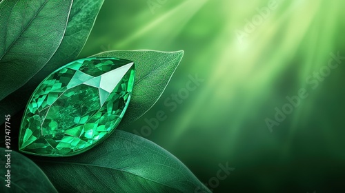 An emerald gemstone embedded in a leaf pattern, with soft sunlight filtering through the forest canopy creating a mystical ambiance