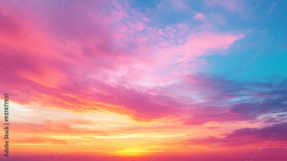 Obraz premium Beautiful sunset sky with pink, orange, and blue clouds, capturing the serene and breathtaking beauty of nature at the close of day.