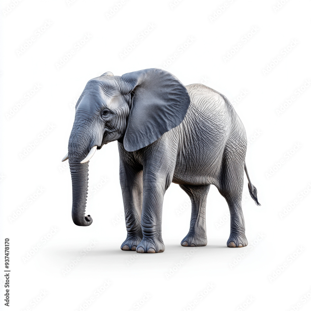 Obraz premium Realistic depiction of an elephant standing on a plain white background, emphasizing texture and details of the animal's skin.