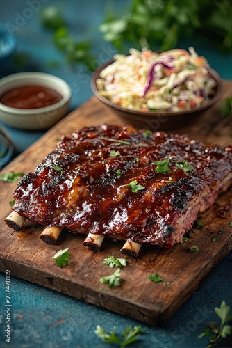 Barbecue Ribs with Coleslaw Cian Blue Background High Resolution