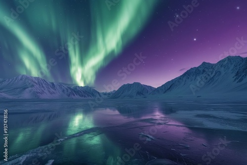 Beautiful aurora borealis over the frozen lake in vibrant purple and green colors