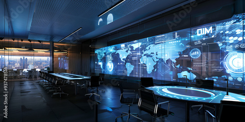 Empty bussines hall with big screen showing world map
