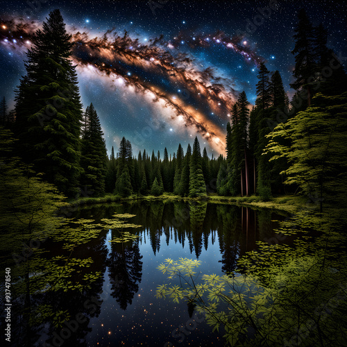 Discover a breathtaking chiaroscuro effect as the radiant hues of the night sky contrast with the dark earthy tones of the forest below. Watch as starburst reflections shimmer in a serene pond, creati photo