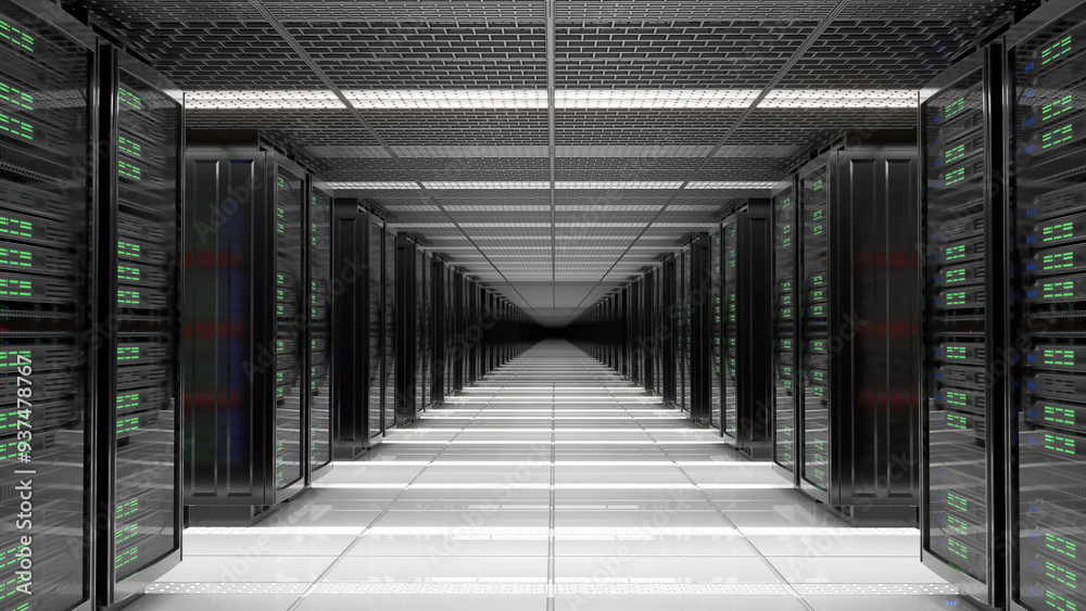 Fototapeta premium Aisle between rows of server racks in a data center. 3d illustration
