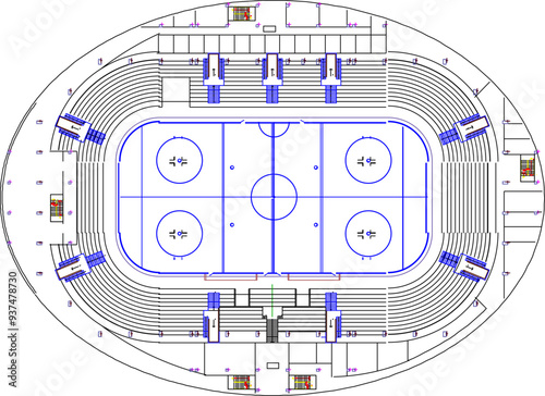 Vector sketch illustration silhouette design of landscape site plan layout of hockey sports field with spectator stands