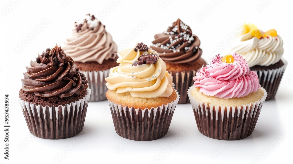 cup cake with different frosting in one line isolated on white background cup cake with different frosting in one line isolated on white background