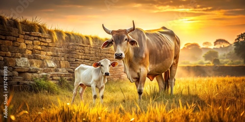 A grazing cow and calf in an Indian rural scene, where soft hide and warm light blend with rough stone walls and rustling wheat, capturing a sense of harmony and coexistence in a simple
