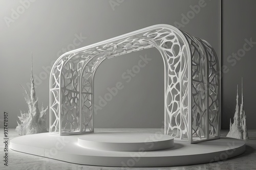 3d render arch frame and podium, stand, display in modern minimal style. photo