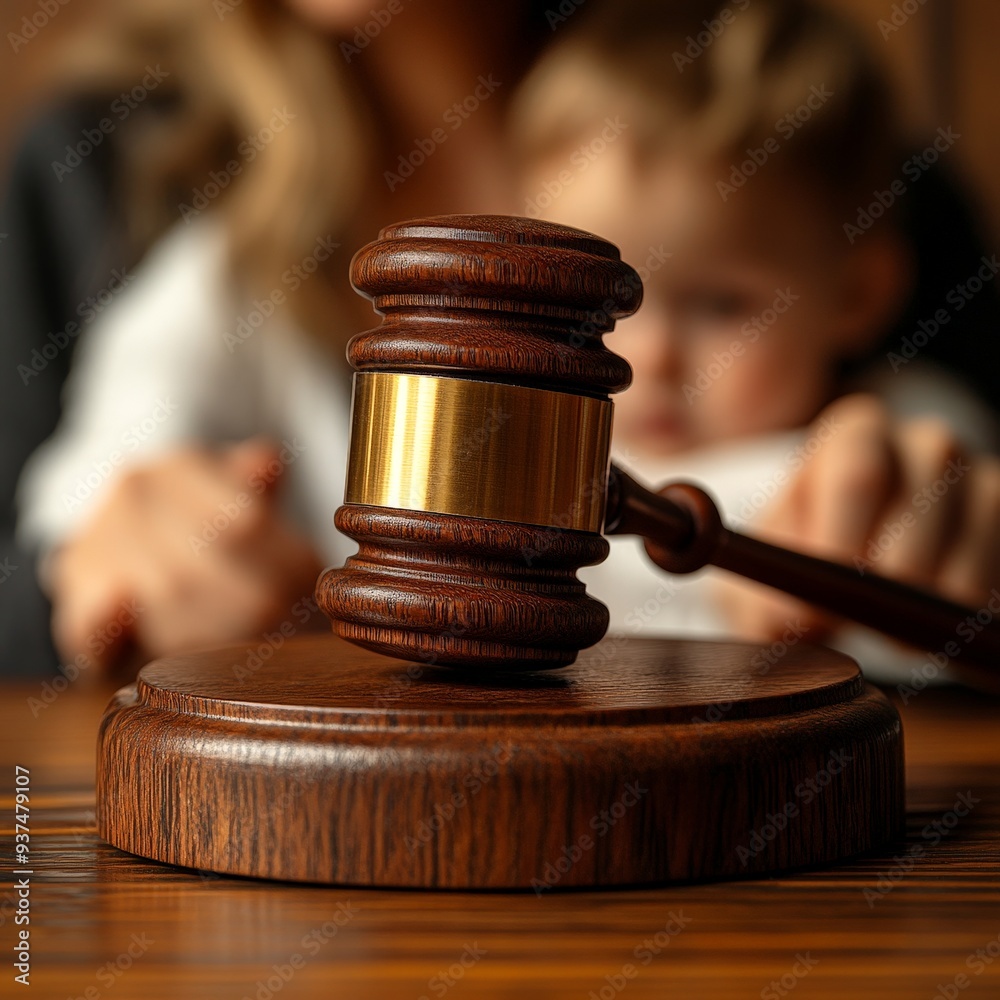 Judge's Hammer in Focus with Blurred Background of a Concerned Child Judge's Hammer in Focus with Blurred Background of a Concerned Child