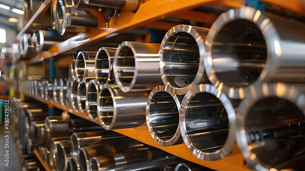 Close-up of metal pipes in a warehouse with an industrial setting Close-up of metal pipes in a warehouse with an industrial setting