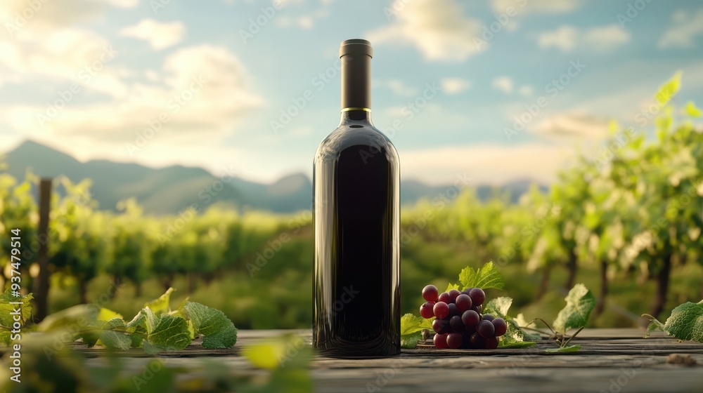 Fototapeta premium A dark wine bottle and red grapes placed on a wooden table in a sunlit vineyard, with scenic mountains in the background.