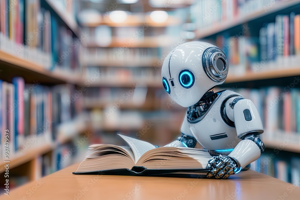 A robot reading a book in a library setting. A robot reading a book in a library setting.