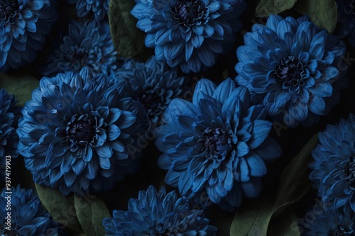 Beautiful dark - royal blue vivid texture background. Fabric full of blue flowers