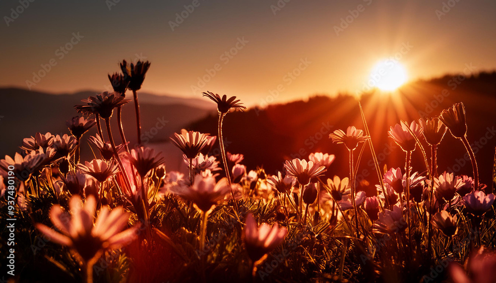 Obraz premium A beautiful, lush green field with a variety of flowers, sky and clouds