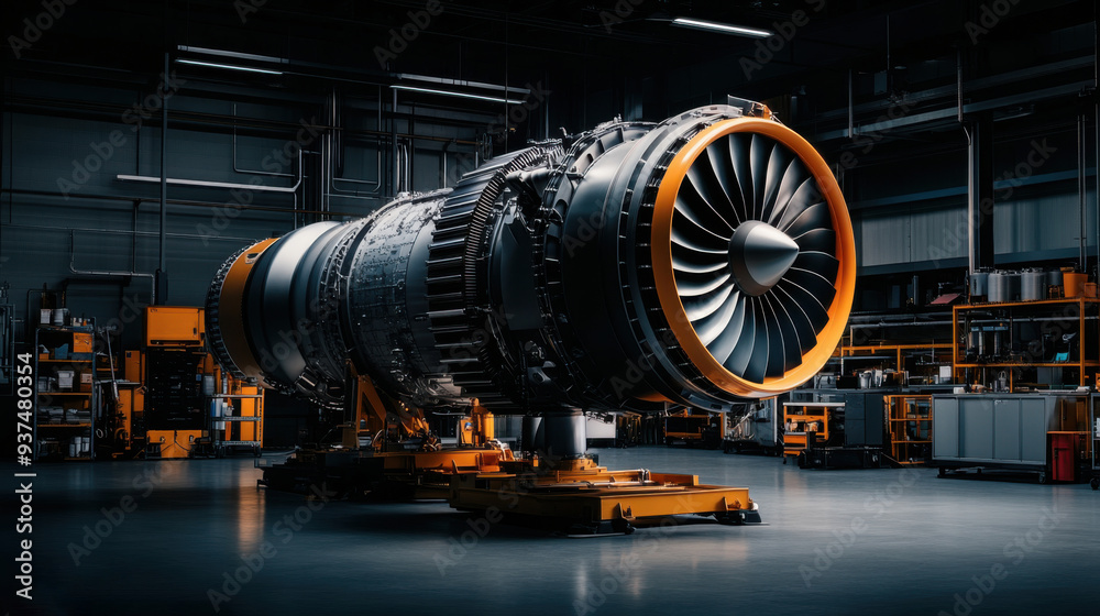 A large jet engine displayed in an industrial workshop setting, highlighting advanced aerospace engineering and mechanical technology. A large jet engine displayed in an industrial workshop setting, highlighting advanced aerospace engineering and mechanical technology.