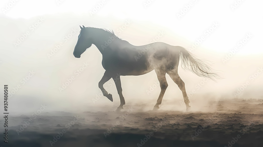 Fototapeta premium A majestic horse gracefully runs through a misty landscape, embodying freedom and natural beauty in a serene atmosphere.