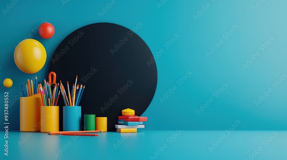 Obraz premium Back-to-school concept with a round blackboard and 3D art supplies