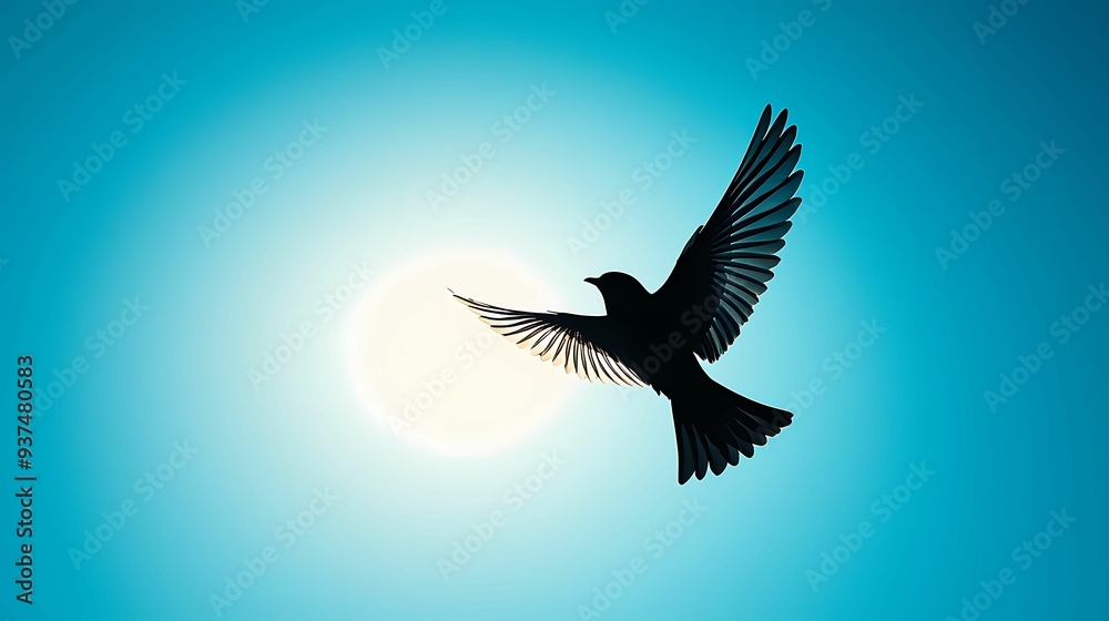 Fototapeta premium A silhouette of a bird soaring against a bright sun, showcasing freedom and tranquility in nature's vibrant sky.