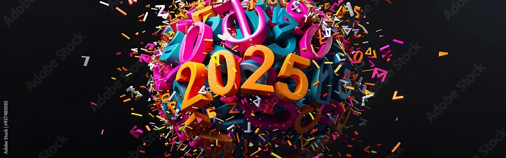 Fototapeta premium Year 2025 with colorful explosion on black background.