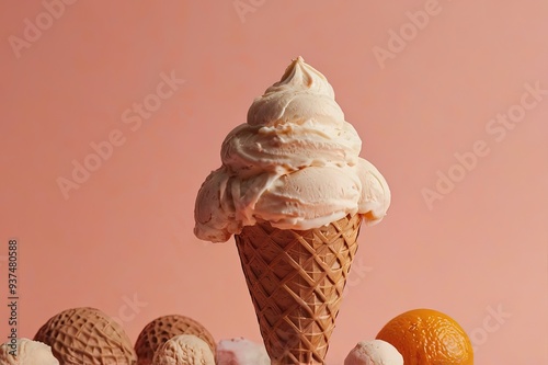 Creative compostition made with ice cream vanilla scoop and cone against pastel pink and orange background. Retro aesthetic style. 