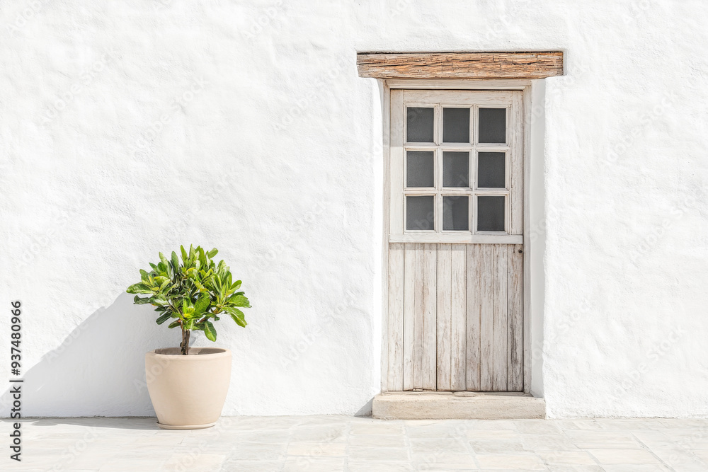 Rustic door with potted plant in Mediterranean architecture Rustic door with potted plant in Mediterranean architecture