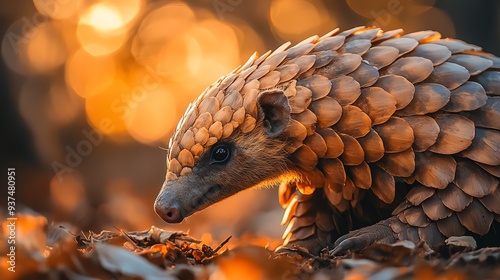 Closeup of a critically endangered pangolin in a protected area, wildlife conservation, species protection photo