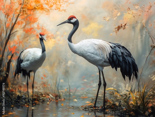 Endangered redcrowned crane in a protected wetland, symbolizing efforts to save species from extinction, wildlife conservation, species preservation photo